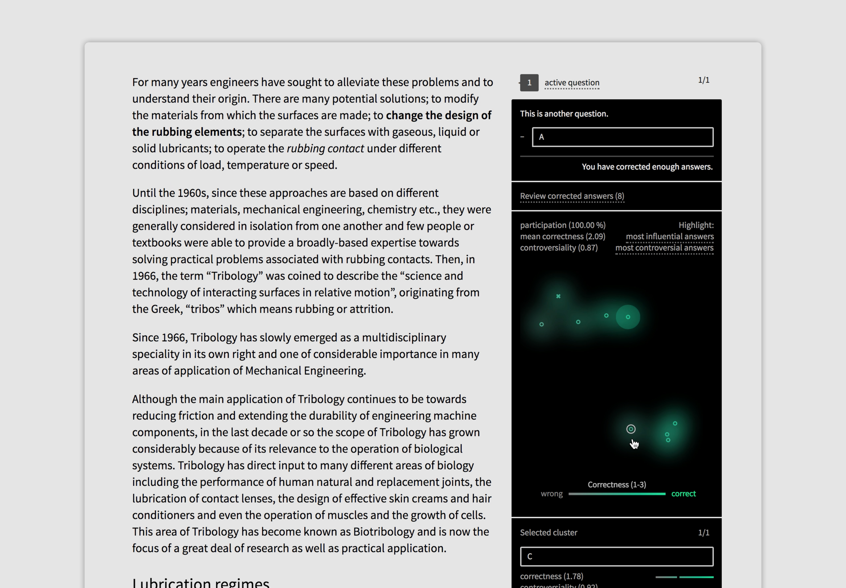 Screenshot of the review phase, showing to a course leader a map of student answers, positioned according to their similarity, allowing to visualise clusters of similar solutions and remarkable solutions.