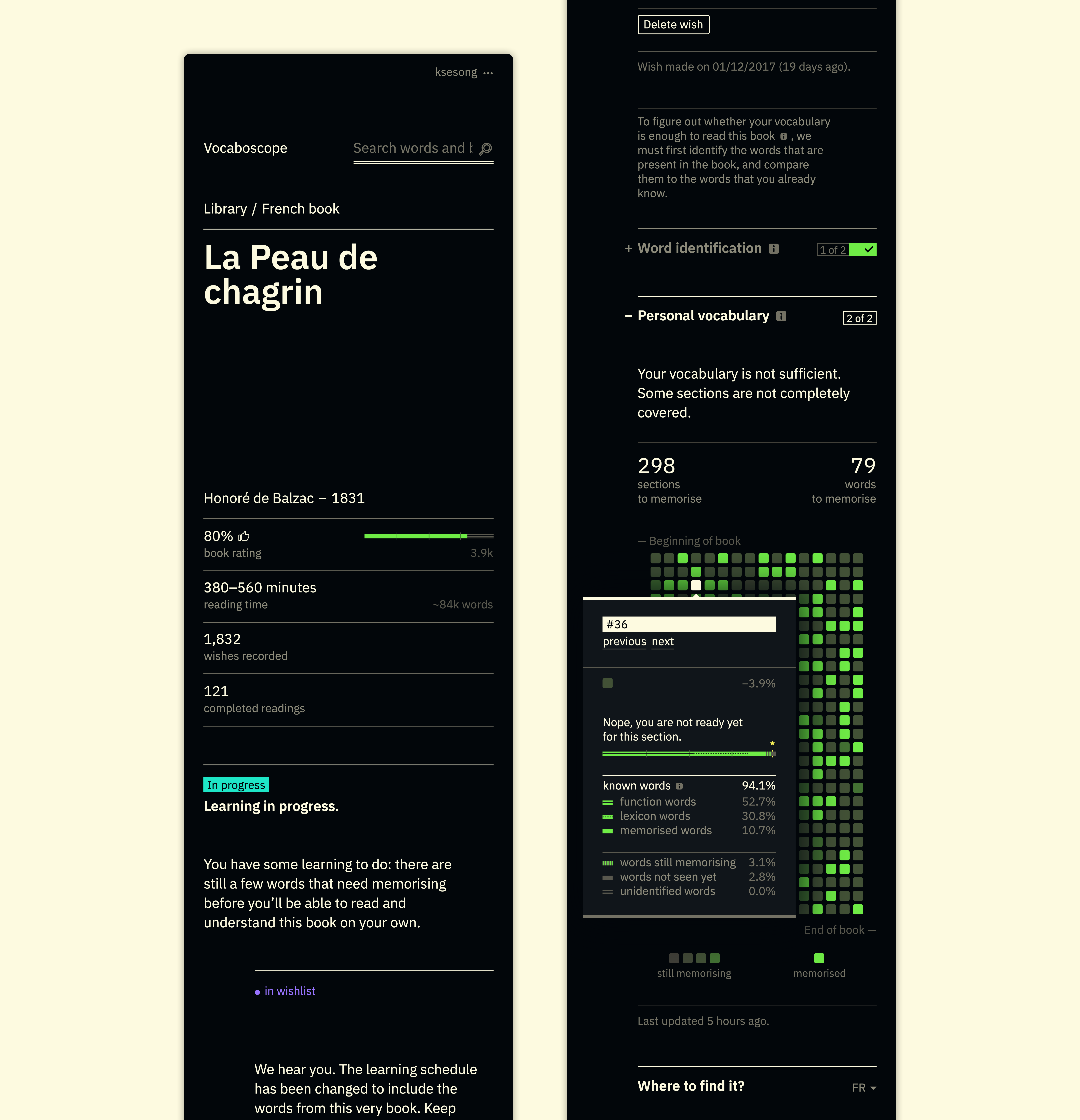 Screenshot showing the insufficient vocabulary of a learner to carry an autonomous reading of a given book (La Peau de chagrin, Balzac), with many words yet to be memorised (79).