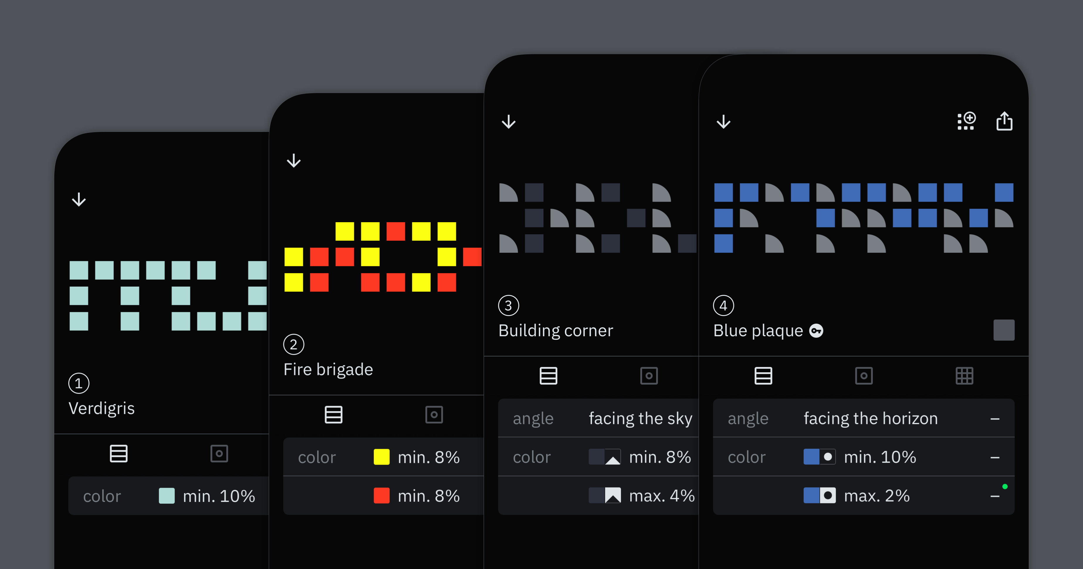 Montage of four screenshots, describing levels of intensifying difficulty (1—4), from requesting a single colour (1), a combination of colours (2), to a coloured shape at a certain angle (3—4).